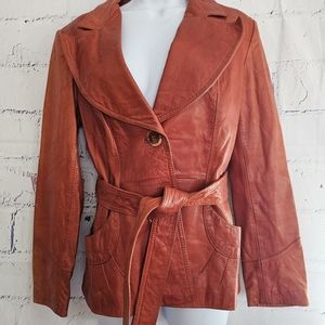 Wilson Genuine Leather Short Trench Coat Jacket  women Size 14 Tie Belt Lined
